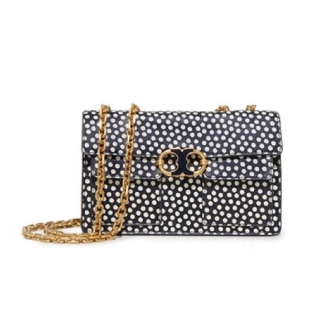 Tory Burch Gemini Link Polka Dot Printed Chain Shoulder Bag, Navy and White - Picture 4 of 14